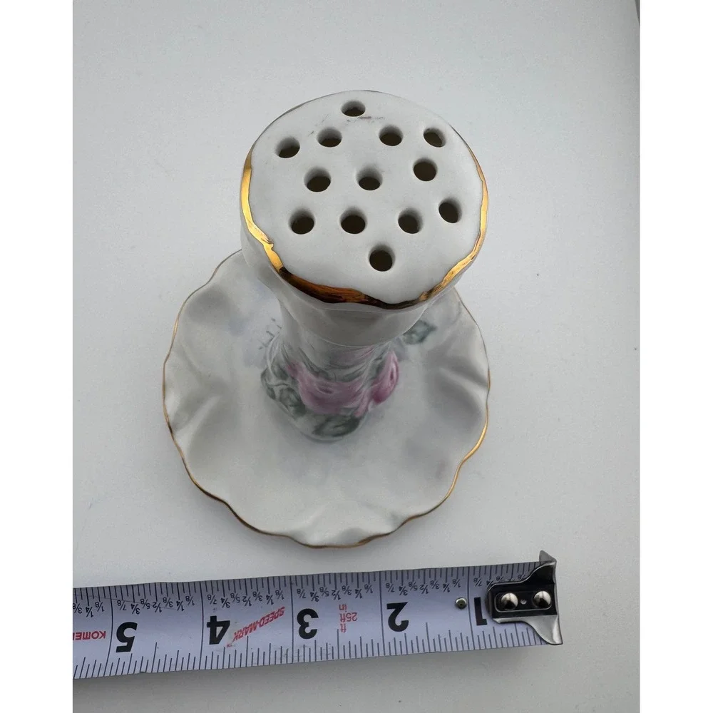 Vintage Hand‎ Painted Porcelain Hatpin Holder Pink Roses Gold Trim - Wagenman